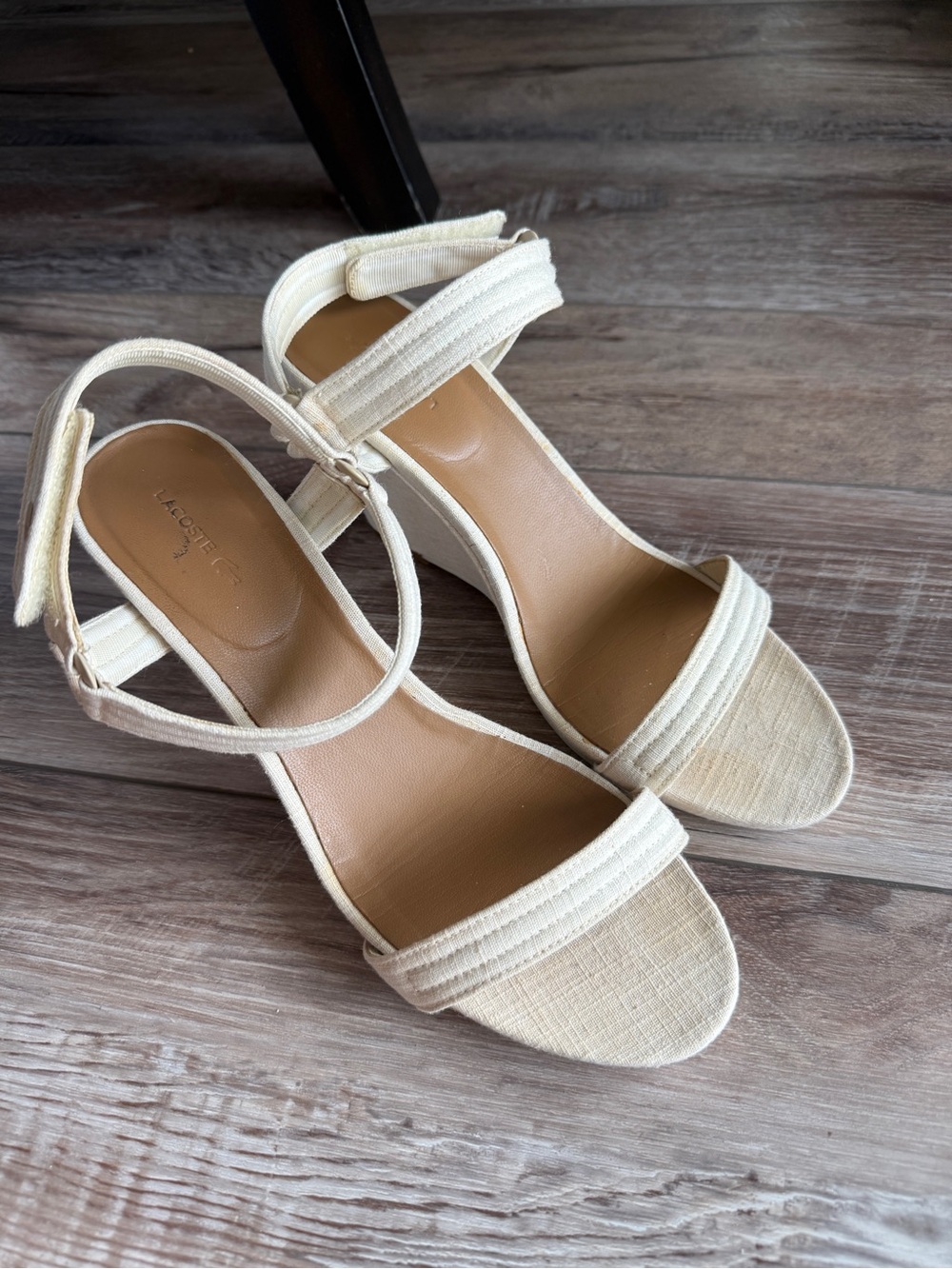 Lacoste Cream Fabric Ankle-Strap Wedge Sandals